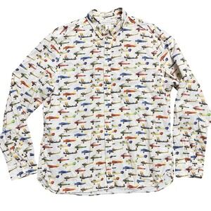 HM LOGG Mens Large White Airplane Print Button Down Shirt Cotton Poplin Regular